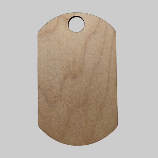 Wooden military dog tag on a light gray background