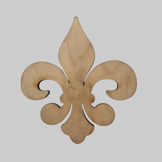 Decorative wooden fleur de lis with a floral design on a white background