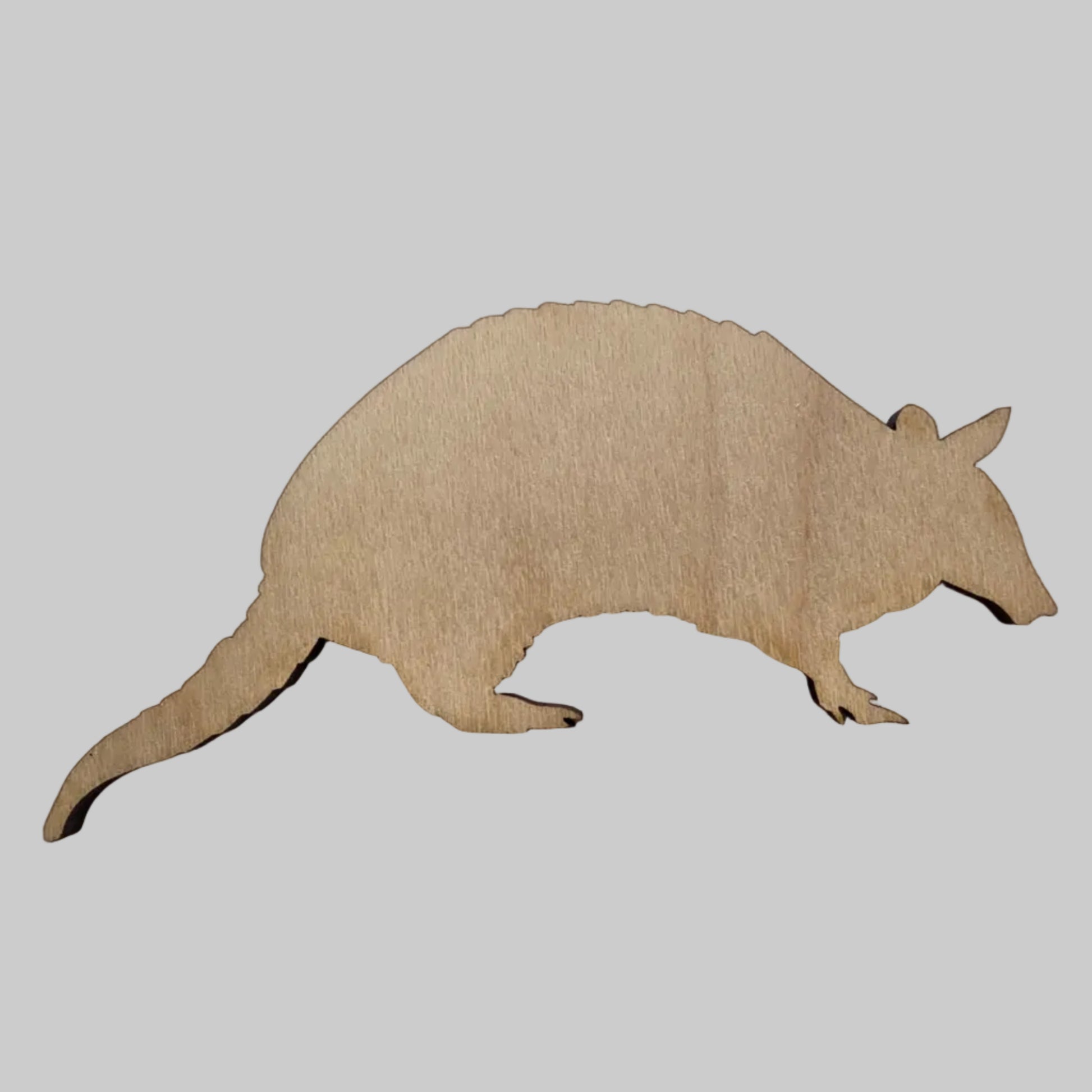 Wooden cutout of an armadillo shape on a white back ground