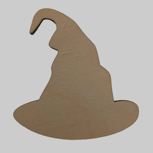 Wooden witch hat cutout on a plain background