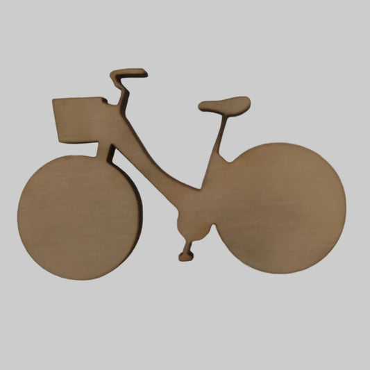 Wooden cutout of a bicycle against a plain background